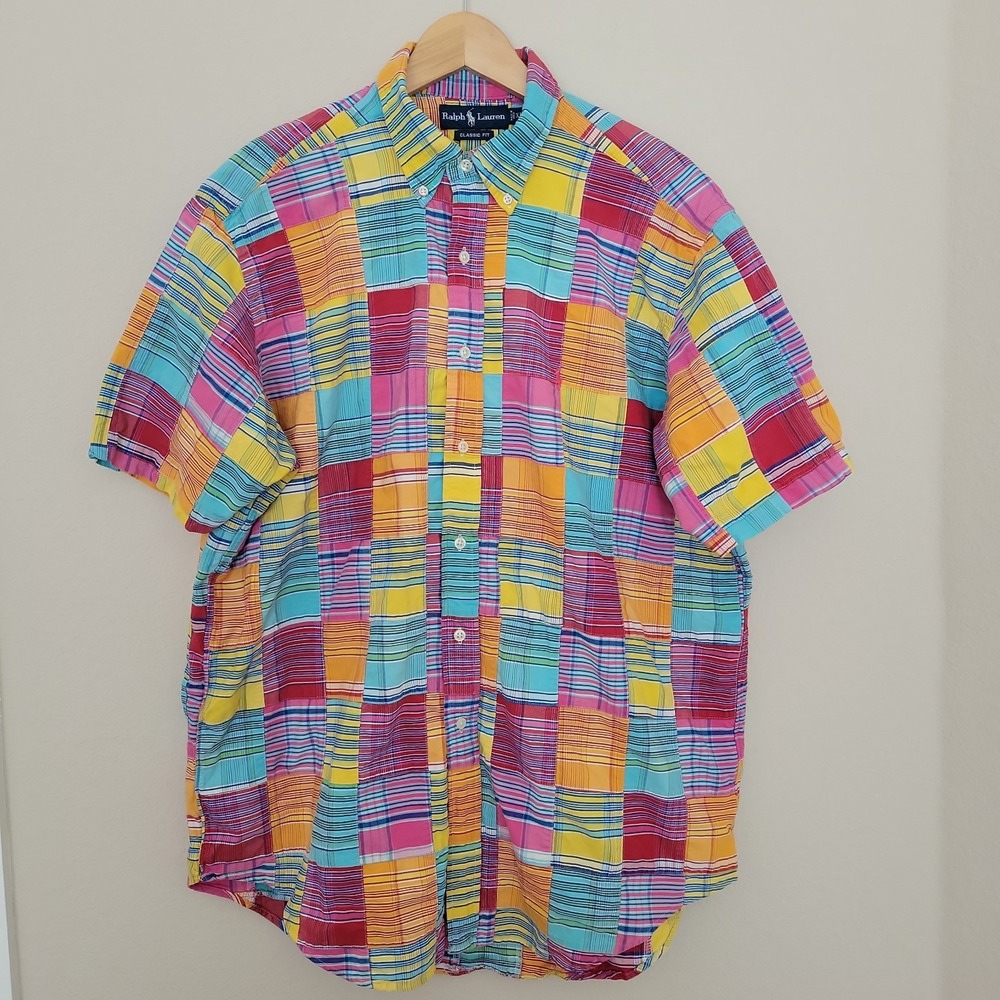 Ralph Lauren Mens Patchwork Classic Fit Shirt Size XL Madras Plaid Short Sleeve